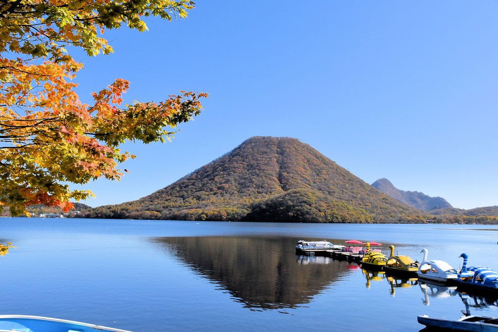 Lake Haruna in Gunma Prefecture, Japan, with Mount Haruna in the background